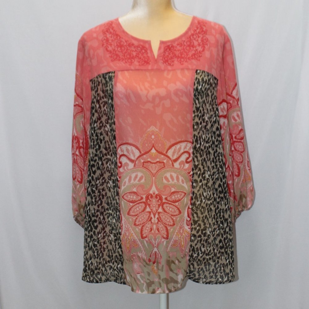 Style & Co Sheer Corral and Leopard Print Boho Top
